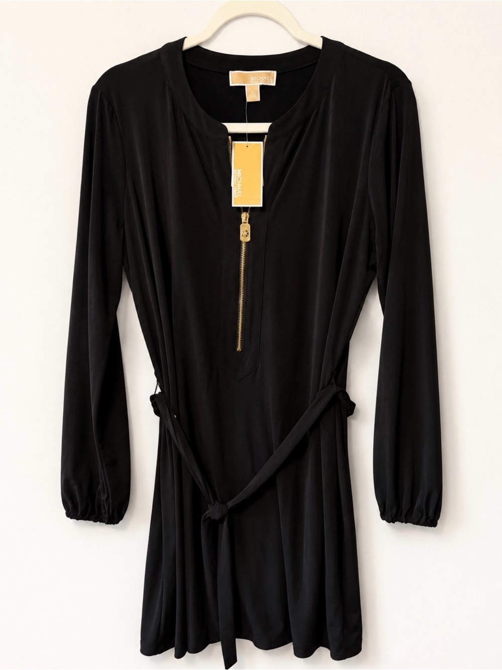 NWT Michael Kors Black Long-Sleeve Zip Front Tie-Waist Dress